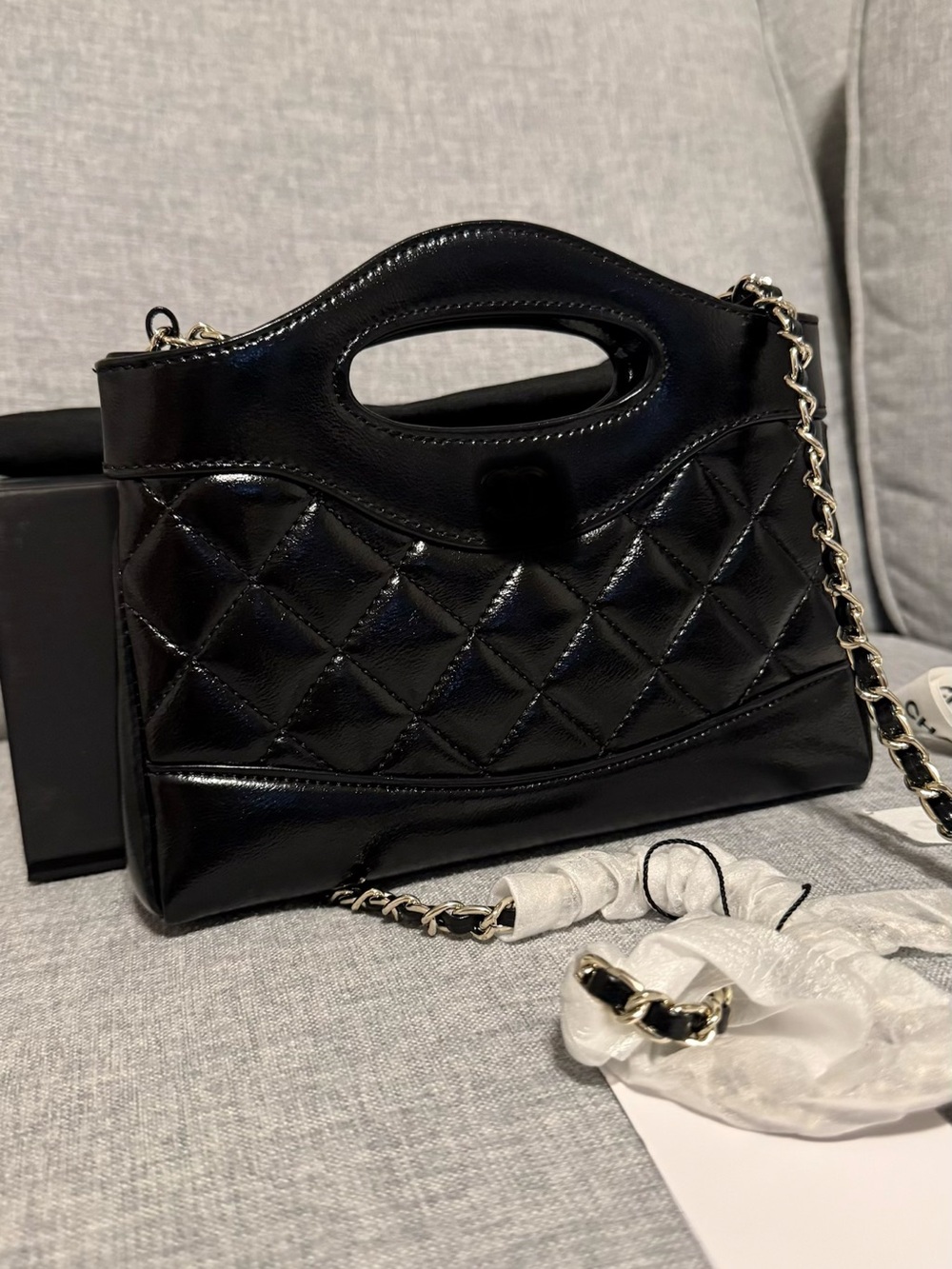 Black Quilted Patent Leather Chain Handle Shoulder Bag
